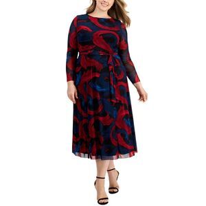 Anne Klein Womens Tie-Waist Printed Midi Dress 3X Titian Red/Juniper- NWT $149